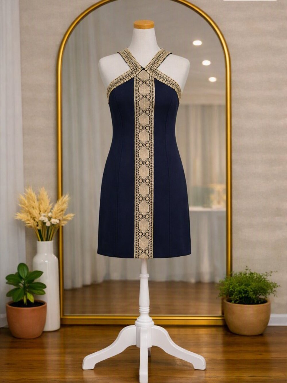 Lilly Pulitzer Women’s Navy Dress with Gold Lace Trim Size 0